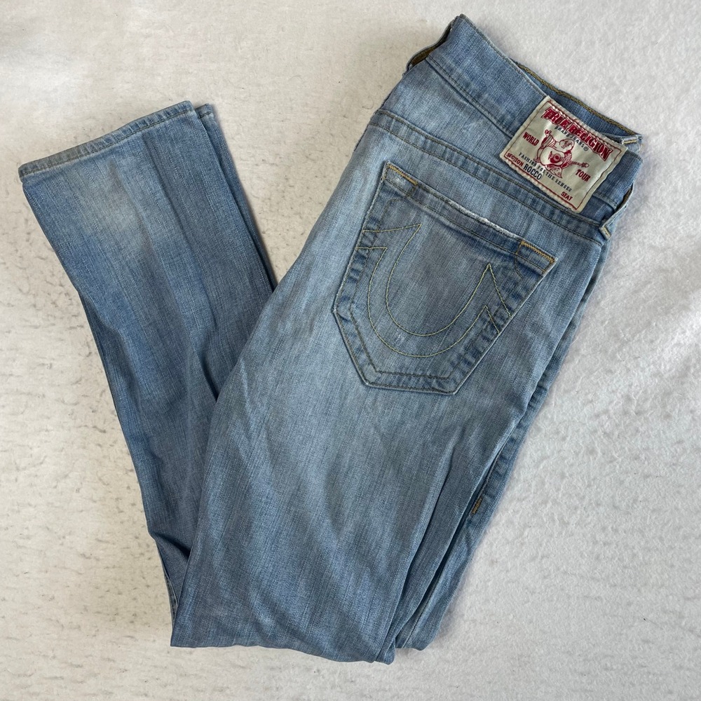 True Religion Rocco Jeans Mens 34 Blue Distressed Slim Fit Denim